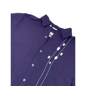 Tommy Bahama 100% silk button up, L,‎ navy blue w/ design 856Y